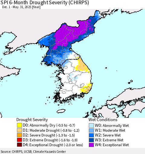 Korea SPI 6-Month Drought Severity (CHIRPS) Thematic Map For 12/1/2024 - 5/31/2025