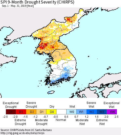 Korea SPI 9-Month Drought Severity (CHIRPS) Thematic Map For 9/1/2018 - 5/31/2019