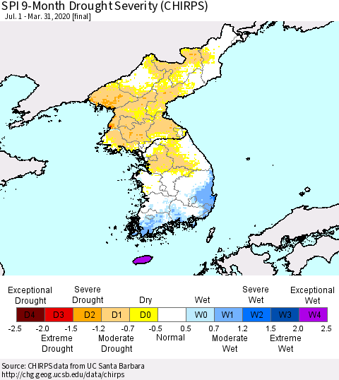 Korea SPI 9-Month Drought Severity (CHIRPS) Thematic Map For 7/1/2019 - 3/31/2020