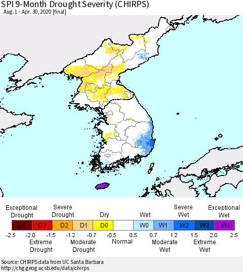 Korea SPI 9-Month Drought Severity (CHIRPS) Thematic Map For 8/1/2019 - 4/30/2020