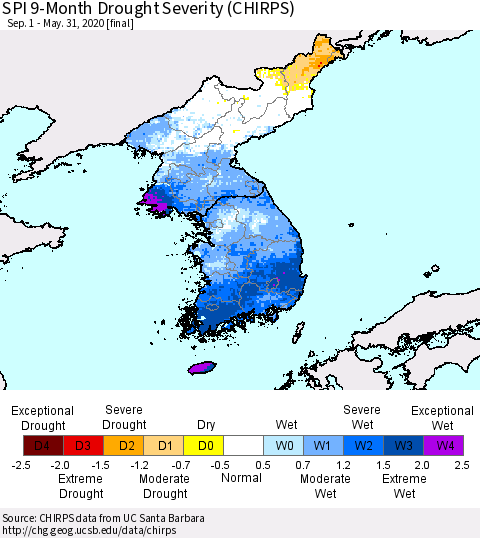 Korea SPI 9-Month Drought Severity (CHIRPS) Thematic Map For 9/1/2019 - 5/31/2020