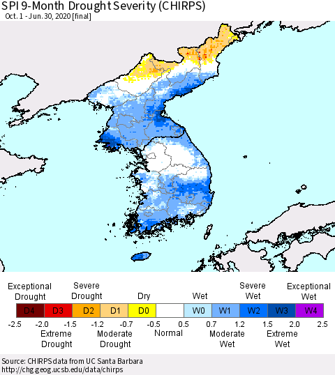 Korea SPI 9-Month Drought Severity (CHIRPS) Thematic Map For 10/1/2019 - 6/30/2020