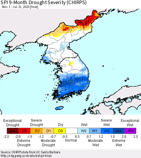 Korea SPI 9-Month Drought Severity (CHIRPS) Thematic Map For 11/1/2019 - 7/31/2020