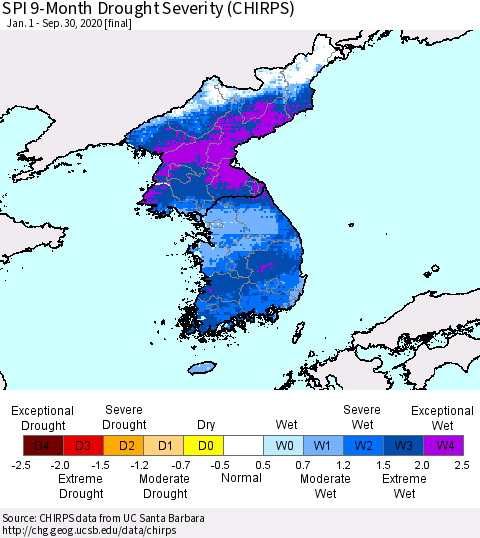 Korea SPI 9-Month Drought Severity (CHIRPS) Thematic Map For 1/1/2020 - 9/30/2020