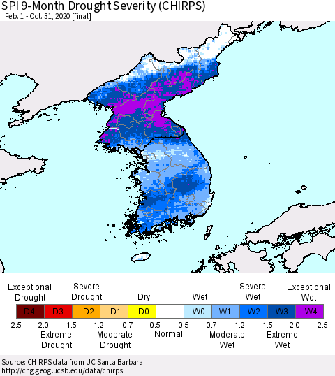 Korea SPI 9-Month Drought Severity (CHIRPS) Thematic Map For 2/1/2020 - 10/31/2020
