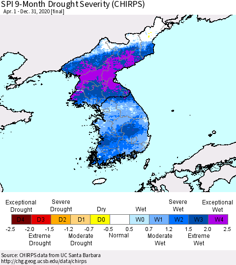Korea SPI 9-Month Drought Severity (CHIRPS) Thematic Map For 4/1/2020 - 12/31/2020