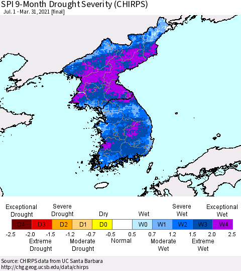 Korea SPI 9-Month Drought Severity (CHIRPS) Thematic Map For 7/1/2020 - 3/31/2021