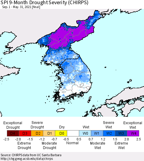 Korea SPI 9-Month Drought Severity (CHIRPS) Thematic Map For 9/1/2020 - 5/31/2021