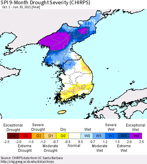 Korea SPI 9-Month Drought Severity (CHIRPS) Thematic Map For 10/1/2020 - 6/30/2021