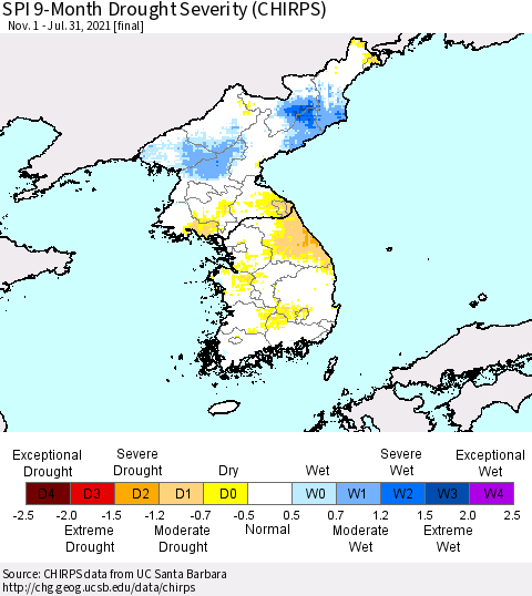 Korea SPI 9-Month Drought Severity (CHIRPS) Thematic Map For 11/1/2020 - 7/31/2021