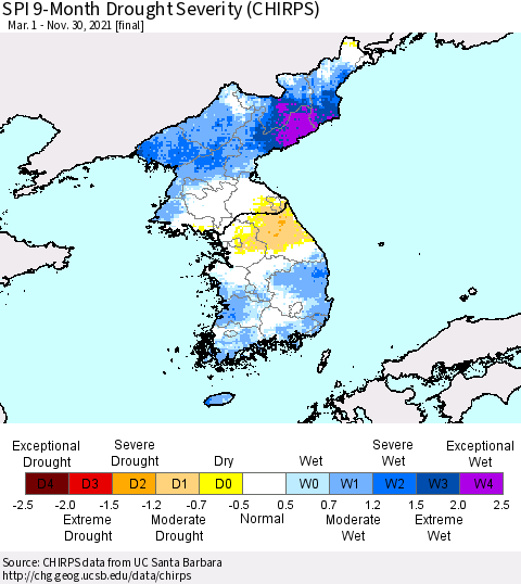 Korea SPI 9-Month Drought Severity (CHIRPS) Thematic Map For 3/1/2021 - 11/30/2021