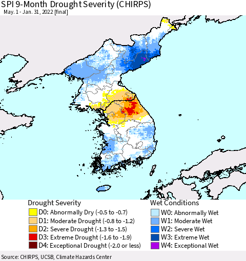 Korea SPI 9-Month Drought Severity (CHIRPS) Thematic Map For 5/1/2021 - 1/31/2022