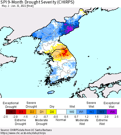 Korea SPI 9-Month Drought Severity (CHIRPS) Thematic Map For 5/1/2021 - 1/31/2022