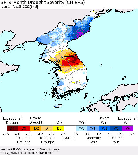 Korea SPI 9-Month Drought Severity (CHIRPS) Thematic Map For 6/1/2021 - 2/28/2022