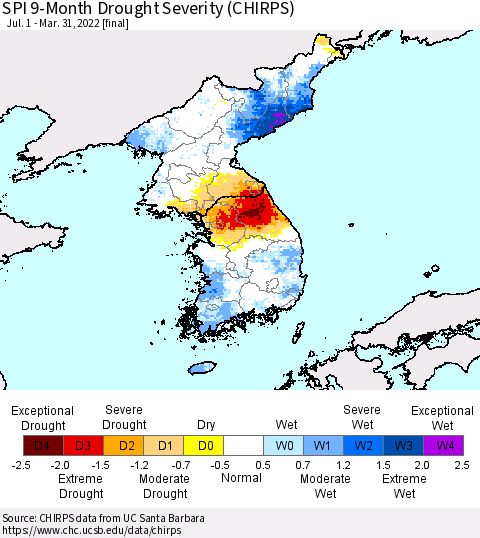 Korea SPI 9-Month Drought Severity (CHIRPS) Thematic Map For 7/1/2021 - 3/31/2022