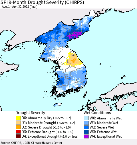 Korea SPI 9-Month Drought Severity (CHIRPS) Thematic Map For 8/1/2021 - 4/30/2022
