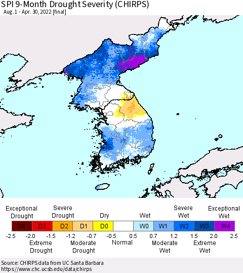 Korea SPI 9-Month Drought Severity (CHIRPS) Thematic Map For 8/1/2021 - 4/30/2022