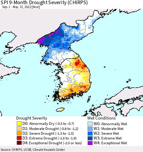 Korea SPI 9-Month Drought Severity (CHIRPS) Thematic Map For 9/1/2021 - 5/31/2022