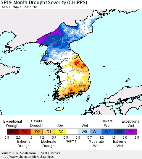 Korea SPI 9-Month Drought Severity (CHIRPS) Thematic Map For 9/1/2021 - 5/31/2022