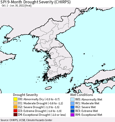Korea SPI 9-Month Drought Severity (CHIRPS) Thematic Map For 10/1/2021 - 6/30/2022