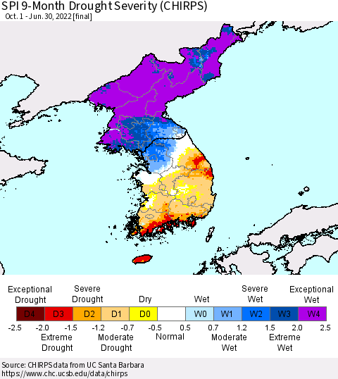 Korea SPI 9-Month Drought Severity (CHIRPS) Thematic Map For 10/1/2021 - 6/30/2022