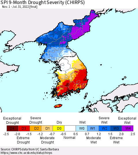 Korea SPI 9-Month Drought Severity (CHIRPS) Thematic Map For 11/1/2021 - 7/31/2022