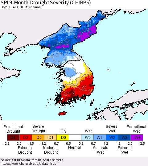 Korea SPI 9-Month Drought Severity (CHIRPS) Thematic Map For 12/1/2021 - 8/31/2022