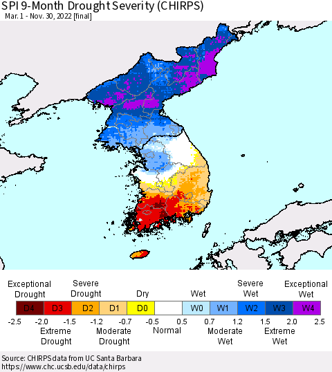 Korea SPI 9-Month Drought Severity (CHIRPS) Thematic Map For 3/1/2022 - 11/30/2022