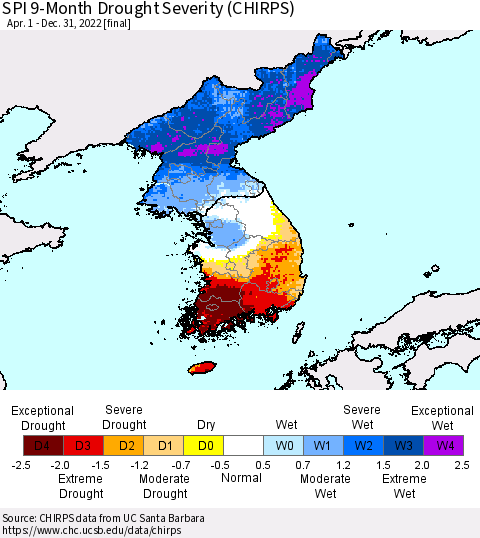 Korea SPI 9-Month Drought Severity (CHIRPS) Thematic Map For 4/1/2022 - 12/31/2022