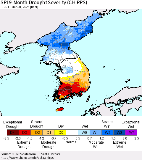 Korea SPI 9-Month Drought Severity (CHIRPS) Thematic Map For 7/1/2022 - 3/31/2023