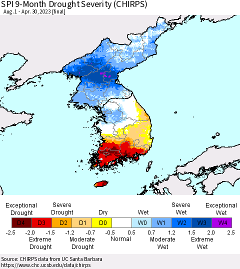 Korea SPI 9-Month Drought Severity (CHIRPS) Thematic Map For 8/1/2022 - 4/30/2023