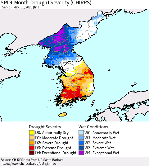 Korea SPI 9-Month Drought Severity (CHIRPS) Thematic Map For 9/1/2022 - 5/31/2023
