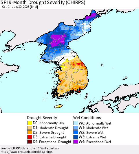 Korea SPI 9-Month Drought Severity (CHIRPS) Thematic Map For 10/1/2022 - 6/30/2023