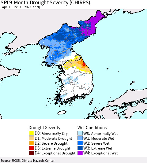 Korea SPI 9-Month Drought Severity (CHIRPS) Thematic Map For 4/1/2023 - 12/31/2023
