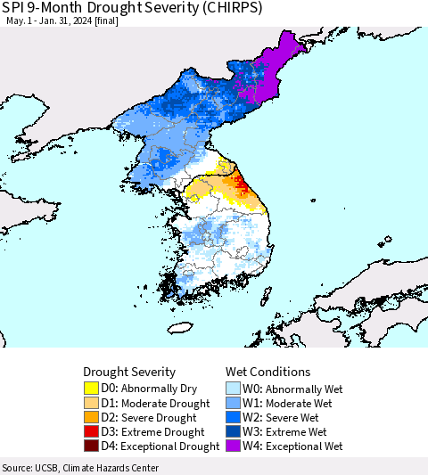 Korea SPI 9-Month Drought Severity (CHIRPS) Thematic Map For 5/1/2023 - 1/31/2024