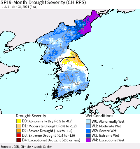 Korea SPI 9-Month Drought Severity (CHIRPS) Thematic Map For 7/1/2023 - 3/31/2024