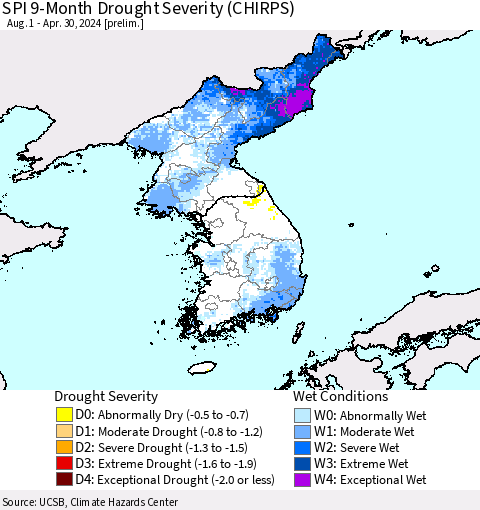 Korea SPI 9-Month Drought Severity (CHIRPS) Thematic Map For 8/1/2023 - 4/30/2024