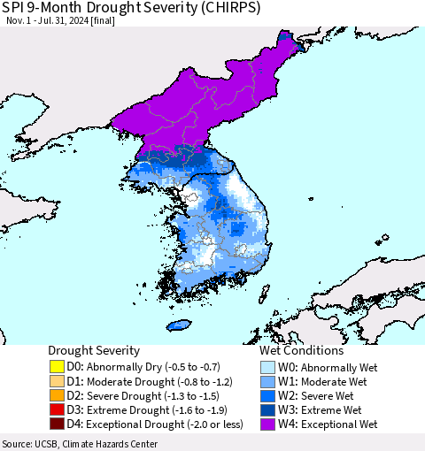 Korea SPI 9-Month Drought Severity (CHIRPS) Thematic Map For 11/1/2023 - 7/31/2024