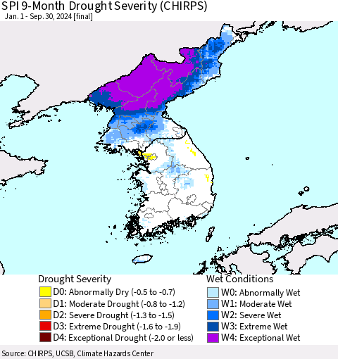 Korea SPI 9-Month Drought Severity (CHIRPS) Thematic Map For 1/1/2024 - 9/30/2024