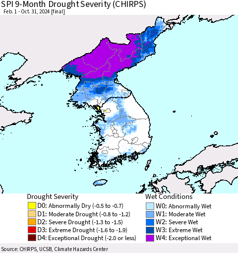 Korea SPI 9-Month Drought Severity (CHIRPS) Thematic Map For 2/1/2024 - 10/31/2024