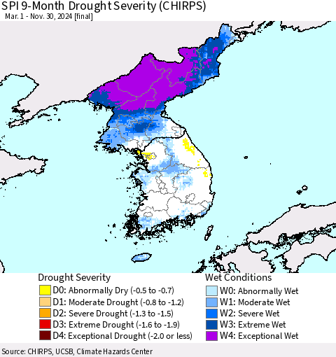 Korea SPI 9-Month Drought Severity (CHIRPS) Thematic Map For 3/1/2024 - 11/30/2024