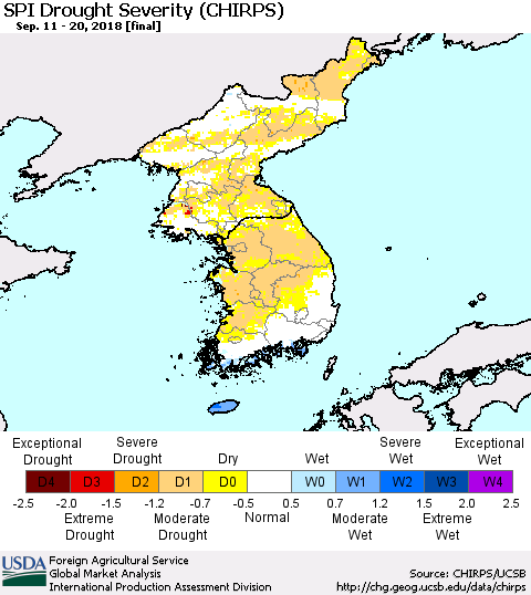 Korea SPI Drought Severity (CHIRPS) Thematic Map For 9/11/2018 - 9/20/2018