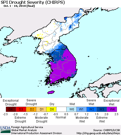 Korea SPI Drought Severity (CHIRPS) Thematic Map For 10/1/2018 - 10/10/2018
