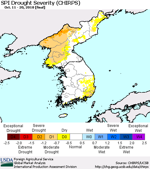 Korea SPI Drought Severity (CHIRPS) Thematic Map For 10/11/2018 - 10/20/2018