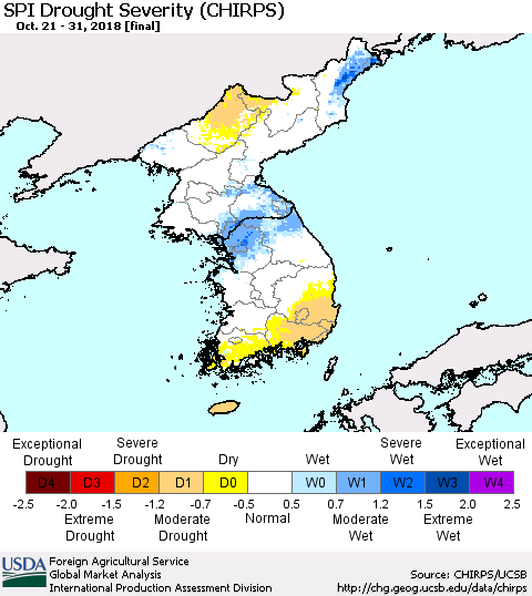 Korea SPI Drought Severity (CHIRPS) Thematic Map For 10/21/2018 - 10/31/2018