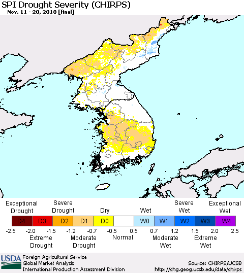 Korea SPI Drought Severity (CHIRPS) Thematic Map For 11/11/2018 - 11/20/2018