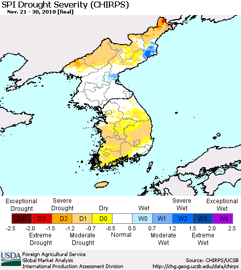 Korea SPI Drought Severity (CHIRPS) Thematic Map For 11/21/2018 - 11/30/2018