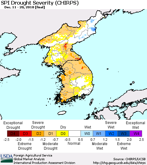 Korea SPI Drought Severity (CHIRPS) Thematic Map For 12/11/2018 - 12/20/2018