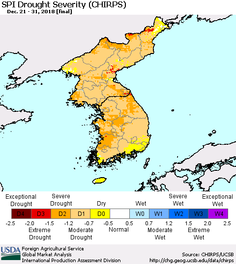 Korea SPI Drought Severity (CHIRPS) Thematic Map For 12/21/2018 - 12/31/2018