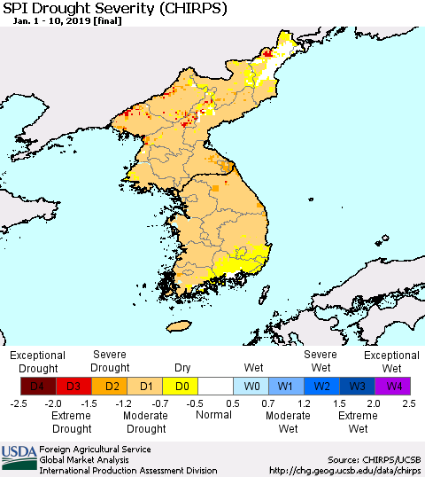 Korea SPI Drought Severity (CHIRPS) Thematic Map For 1/1/2019 - 1/10/2019
